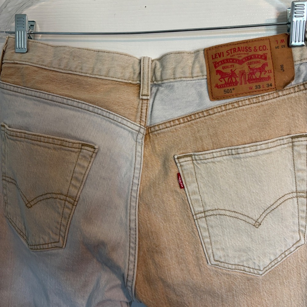 Levis 501 Men's Original Fit Two Tone Colorblock Jeans Tan Light Wash 33x34 - Picture 5 of 15